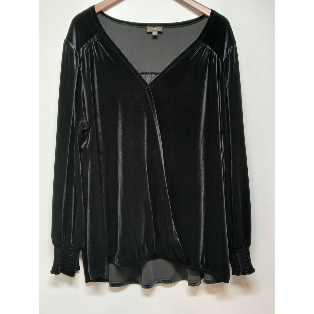 Wonderely Blouse Women's 3X Long Sleeves Black Faux Suede-Wrap Top Plus Size
